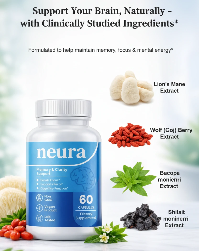 Neura bottle displayed with Lion's Mane, goji berry, bacopa monnieri and shilajit extracts