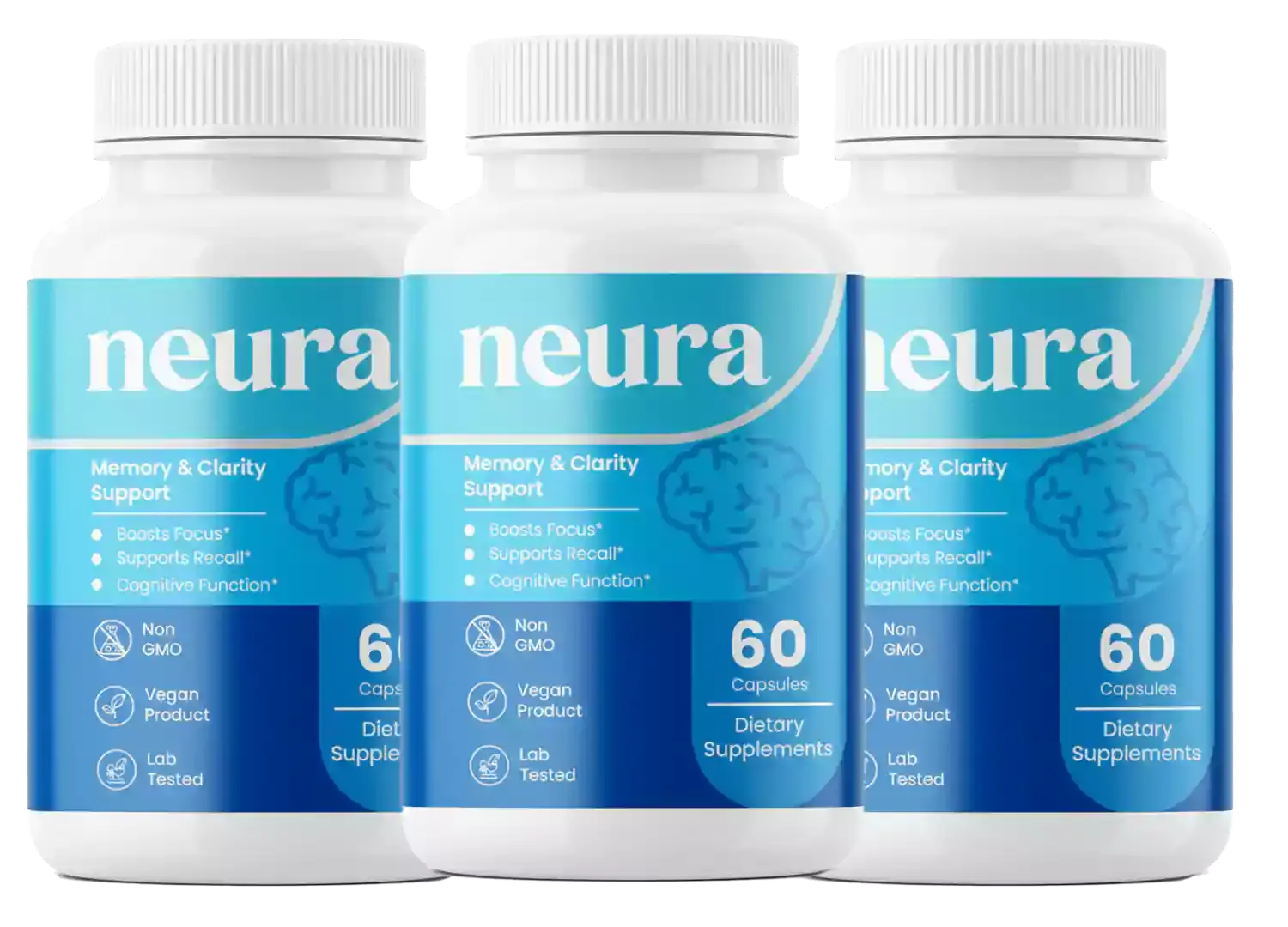 Three bottles of Neura memory and clarity support supplement