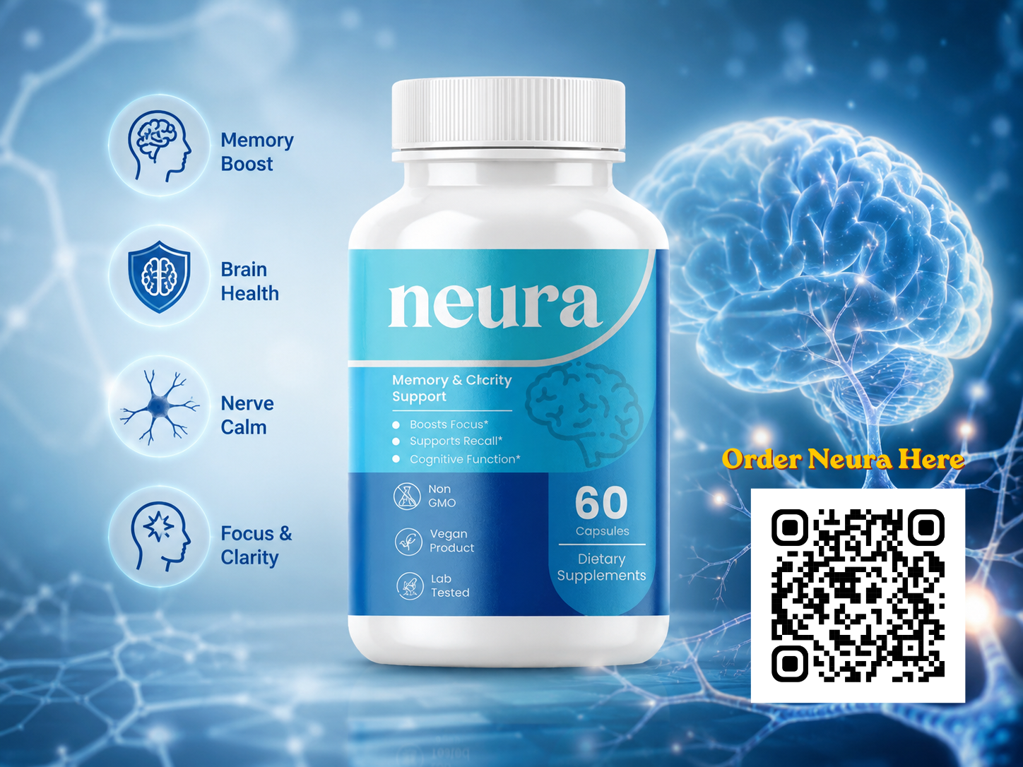 Neura supplement bottle with brain wellness graphics